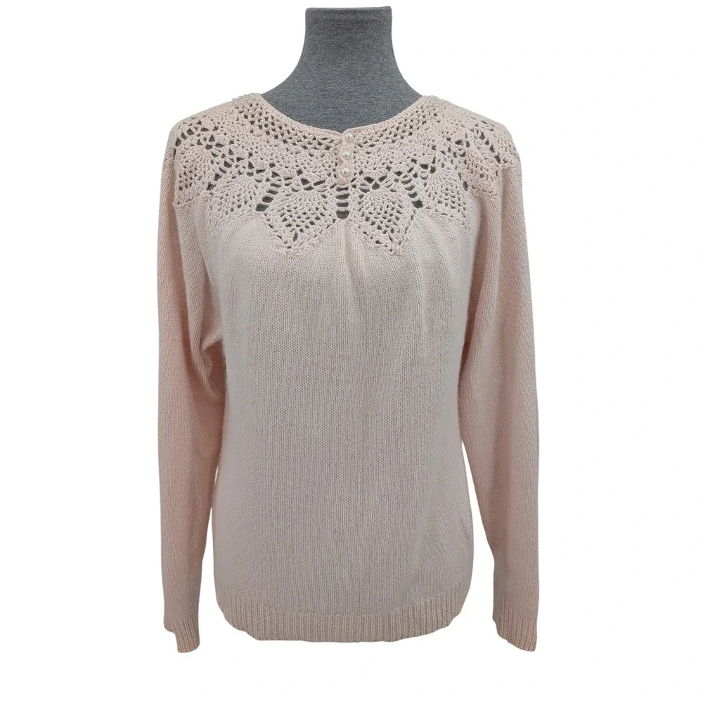 Cottagecore Prairie Pale‎ Baby Pink Crochet Lace Pearls Vintage Knit M Sweater